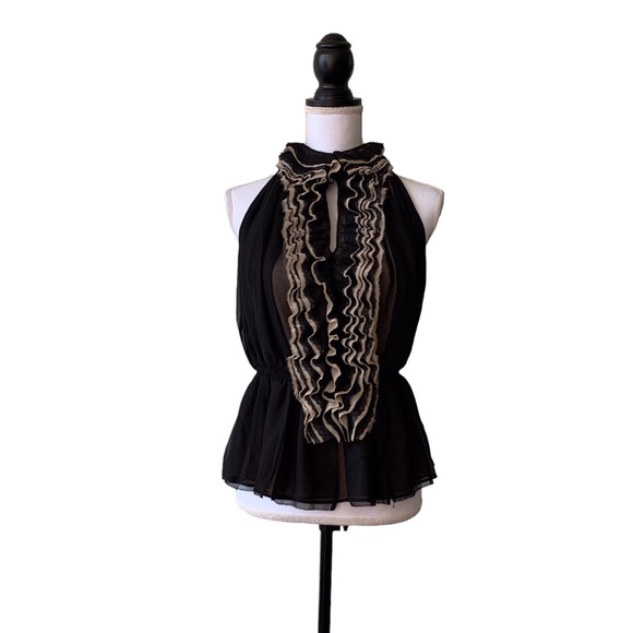 ROBERT RODRIGUEZ TWO TONE SHEER CHIFFON SLEEVELESS RUFFLE PEPLUM BLOUSE - Picture 3 of 16